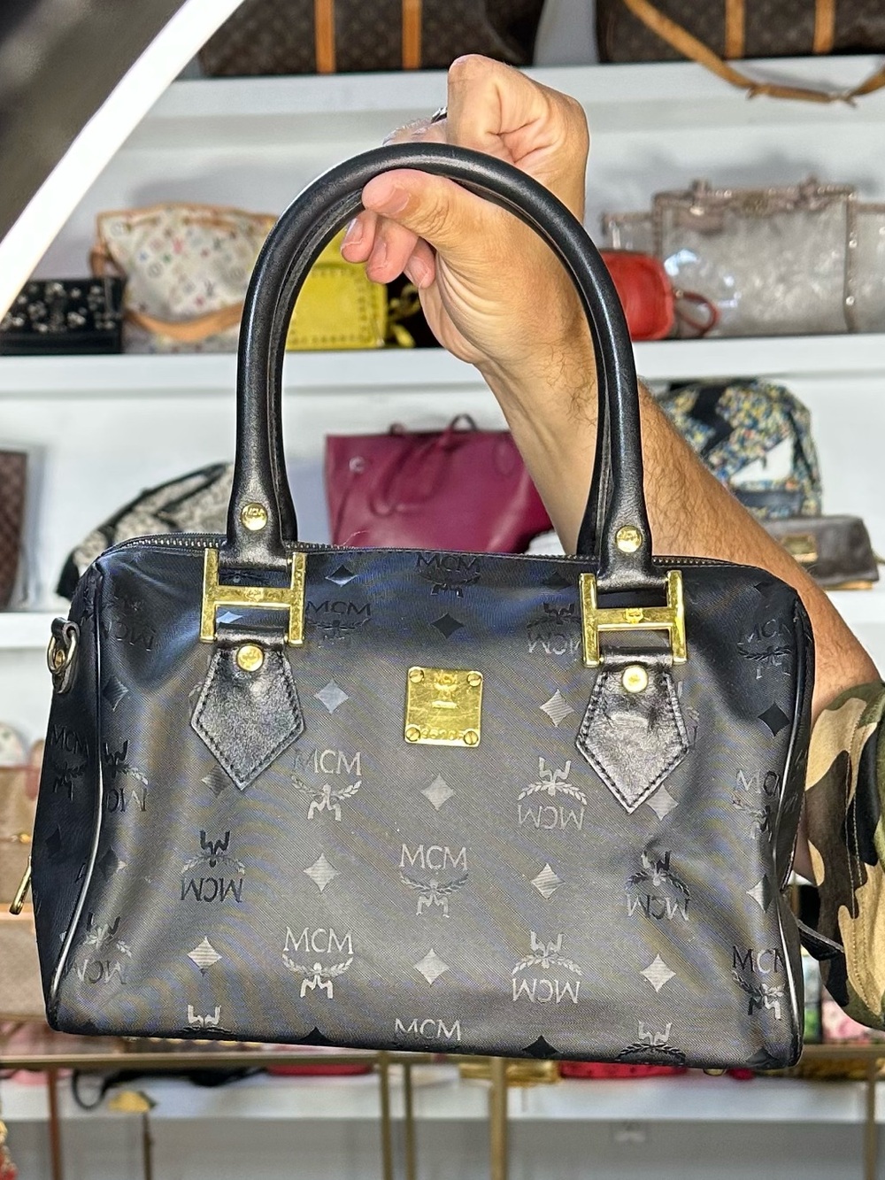 MCM Black Visetos Boston Bag